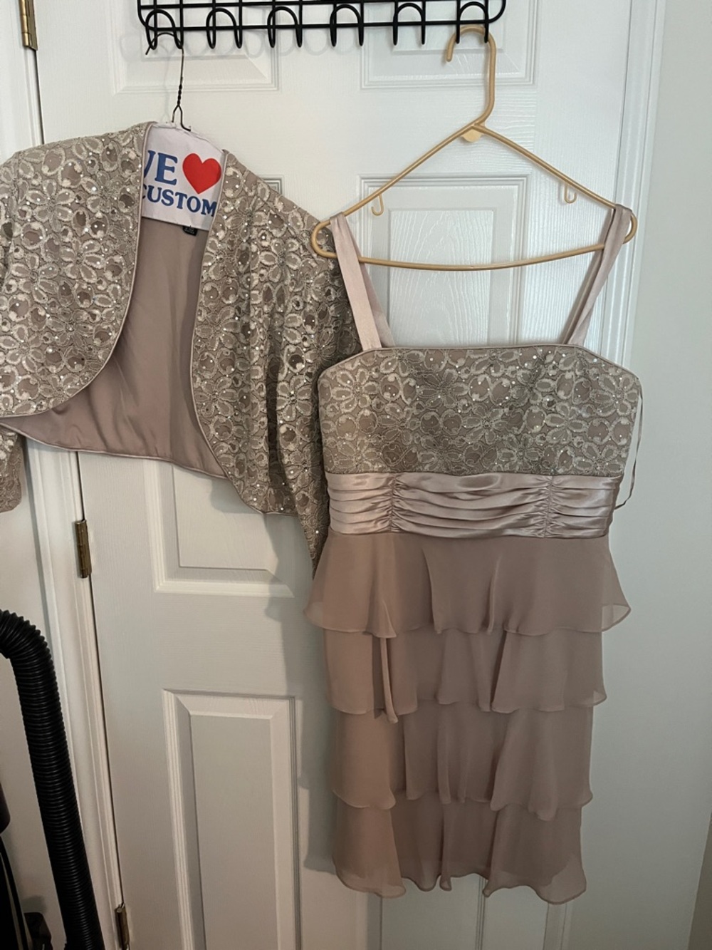 Beaded Taupe Layered Cocktail Dress with Matching Bolero